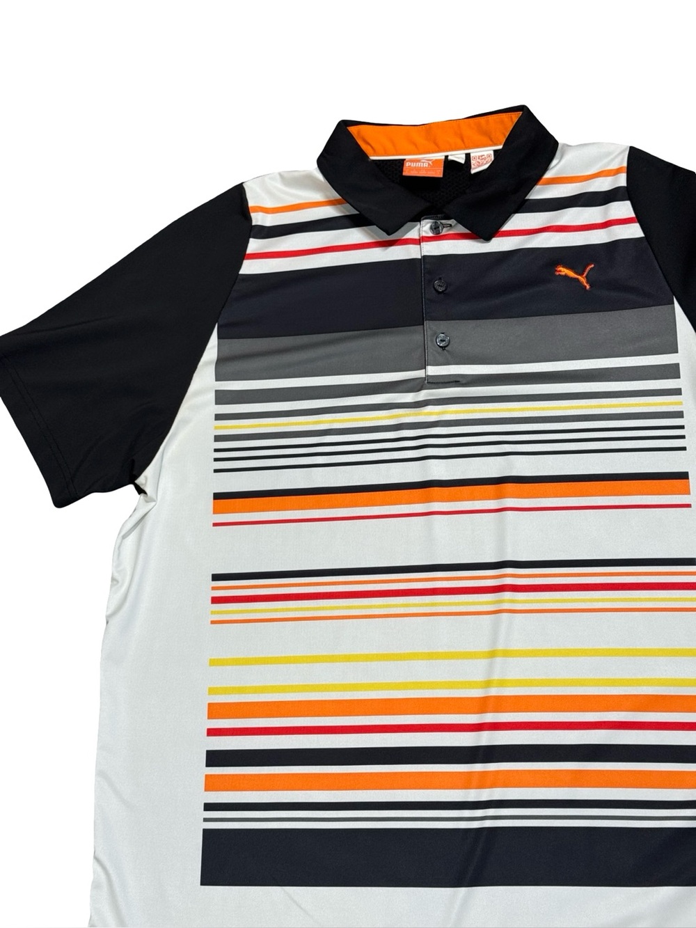 Puma Golf Sports Black, White & Orange Striped Polo Mens SZ M